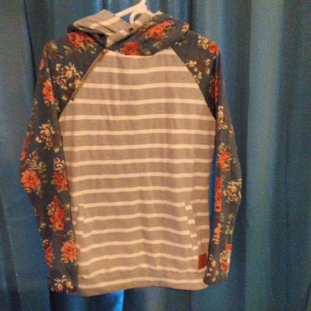 Striped body, floral sleeves Sweatshirt, thumb holes Brand: &